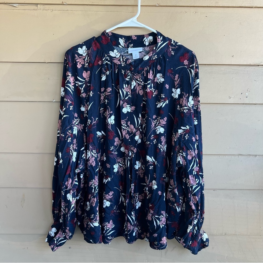 Liz Claiborne Floral Long Sleeve Blouse Navy Blue Red Rayon Plus Size 2X